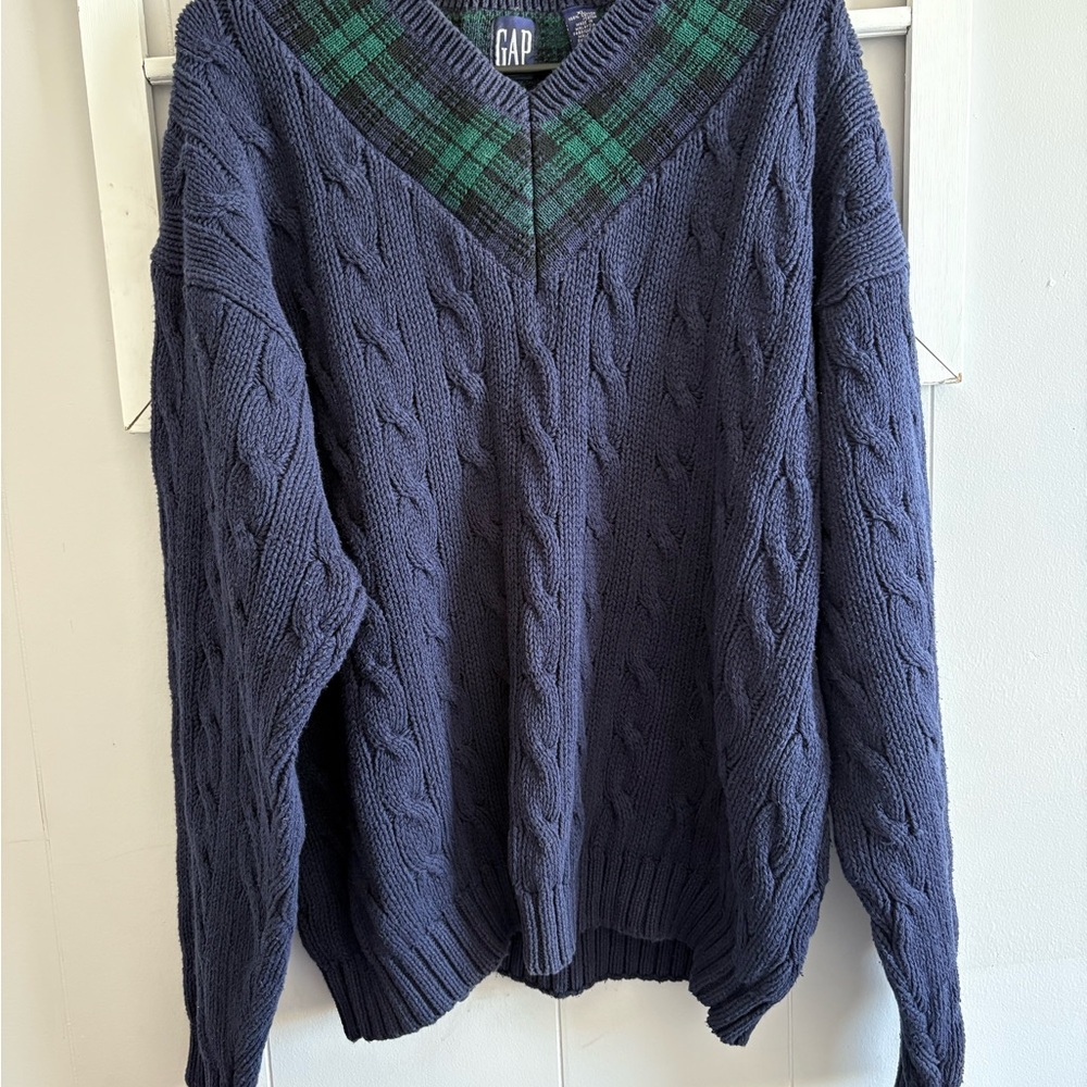 Women’s XL Vintage Gap Cable Knit 100% Cotton Sweater Navy & Green Plaid V Neck - Picture 2 of 11